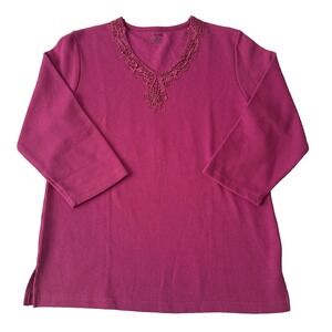 Ribbed Fitted Lace B Neck 3/4 Sleeve Top Women's XL Pink Capsule Staple Boho